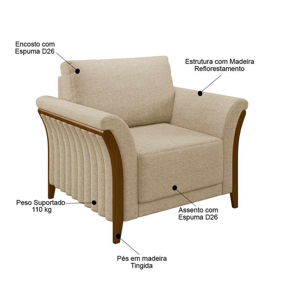 Kit 2 Poltronas Decorativas Sala de Estar 102cm Pés Madeira Roya M22 Linho Bege - Mpozenato