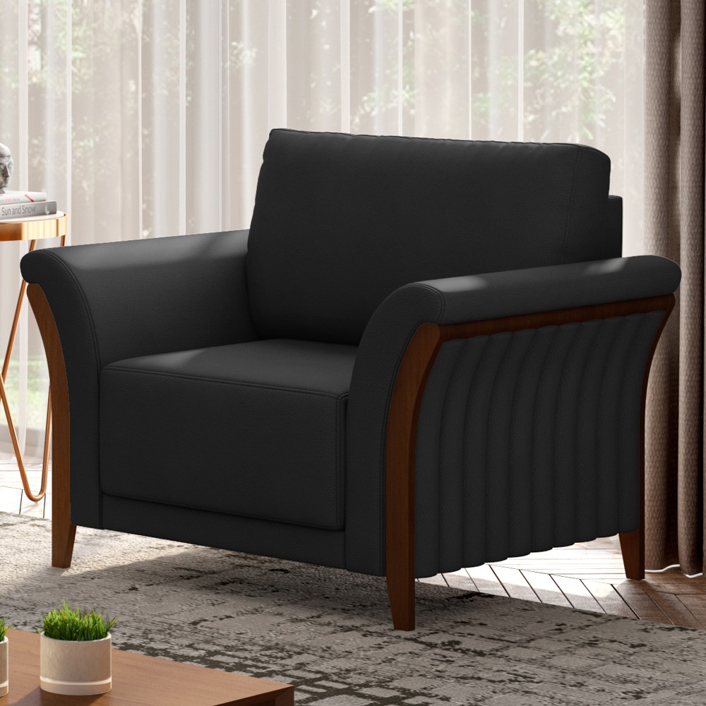 Kit 2 Poltronas Decorativas Sala de Estar 102cm Pés Madeira Roya M22 PU Preto - Mpozenato