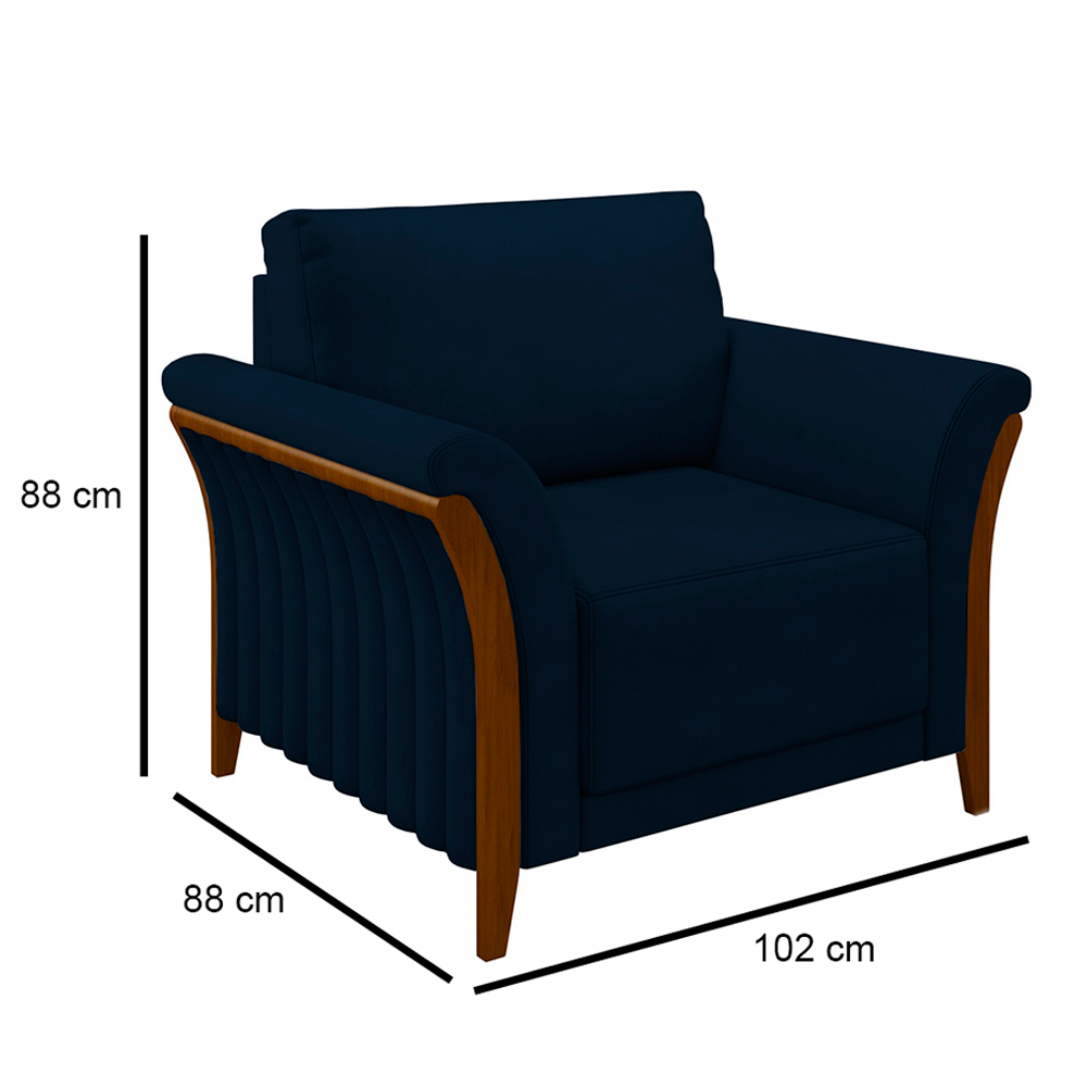 Kit 2 Poltronas Decorativas Sala de Estar 102cm Pés Madeira Roya M22 Veludo Azul Marinho - Mpozenato