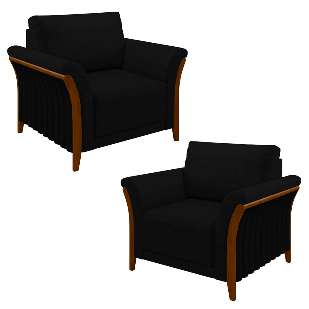 Kit 2 Poltronas Decorativas Sala de Estar 102cm Pés Madeira Roya M22 Veludo Preto - Mpozenato