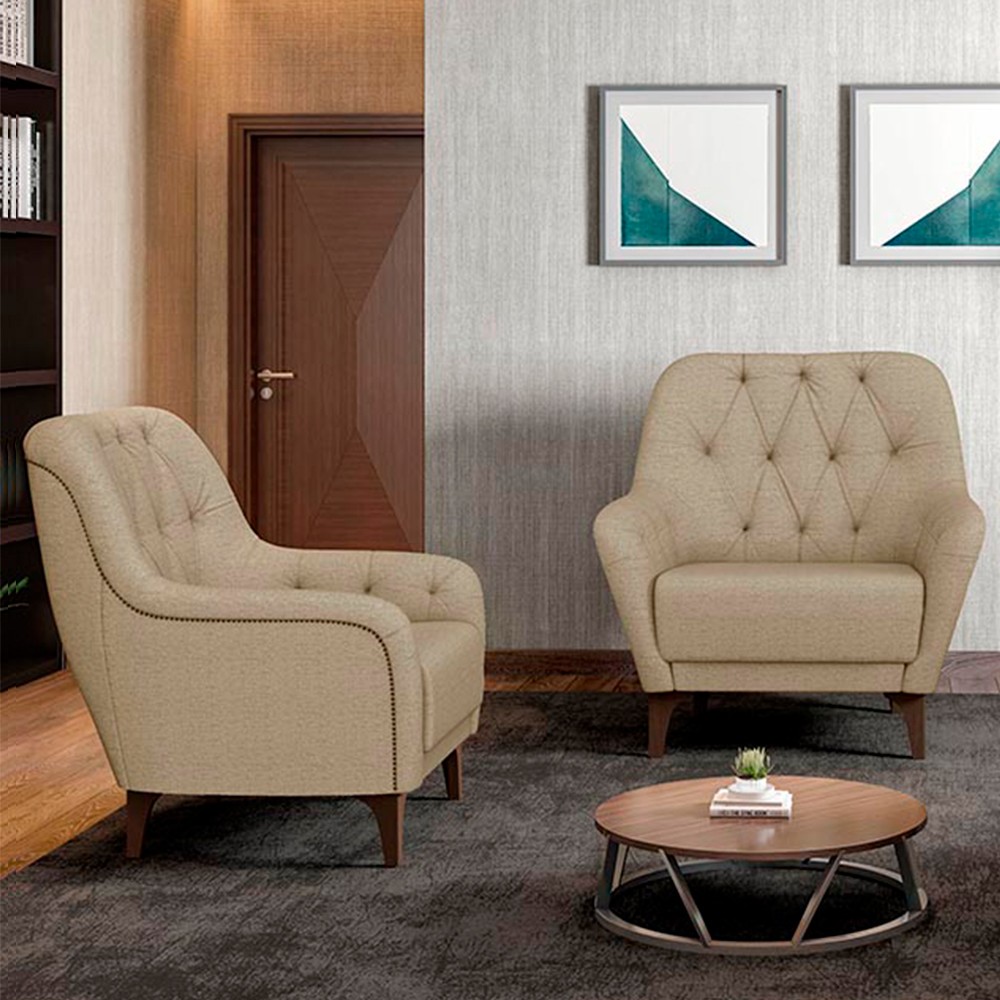 Kit 2 Poltronas Decorativas para Sala com Capitonê Pietà M22 Linho Bege - Mpozenato