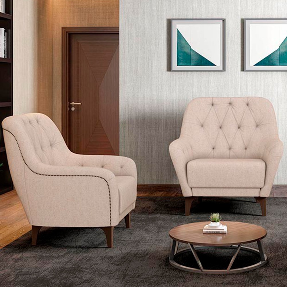 Kit 2 Poltronas Decorativas para Sala com Capitonê Pietà M22 Linho Cru - Mpozenato