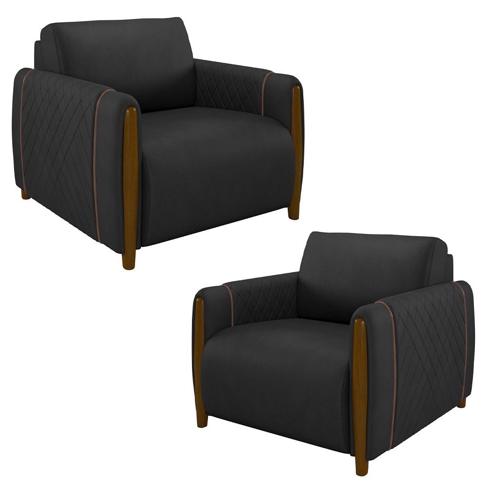 Kit 2 Poltronas Decorativas para Sala de Estar 98cm Amaranto M22 PU Preto - Mpozenato