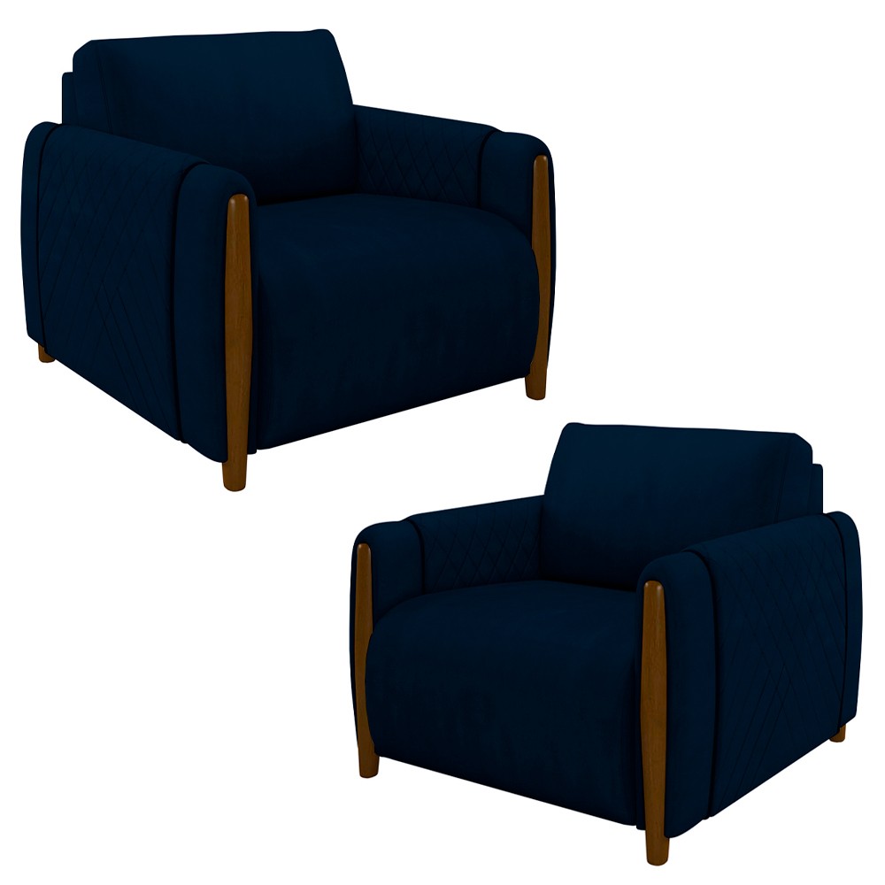 Kit 2 Poltronas Decorativas para Sala de Estar 98cm Amaranto M22 Veludo Azul Marinho - Mpozenato