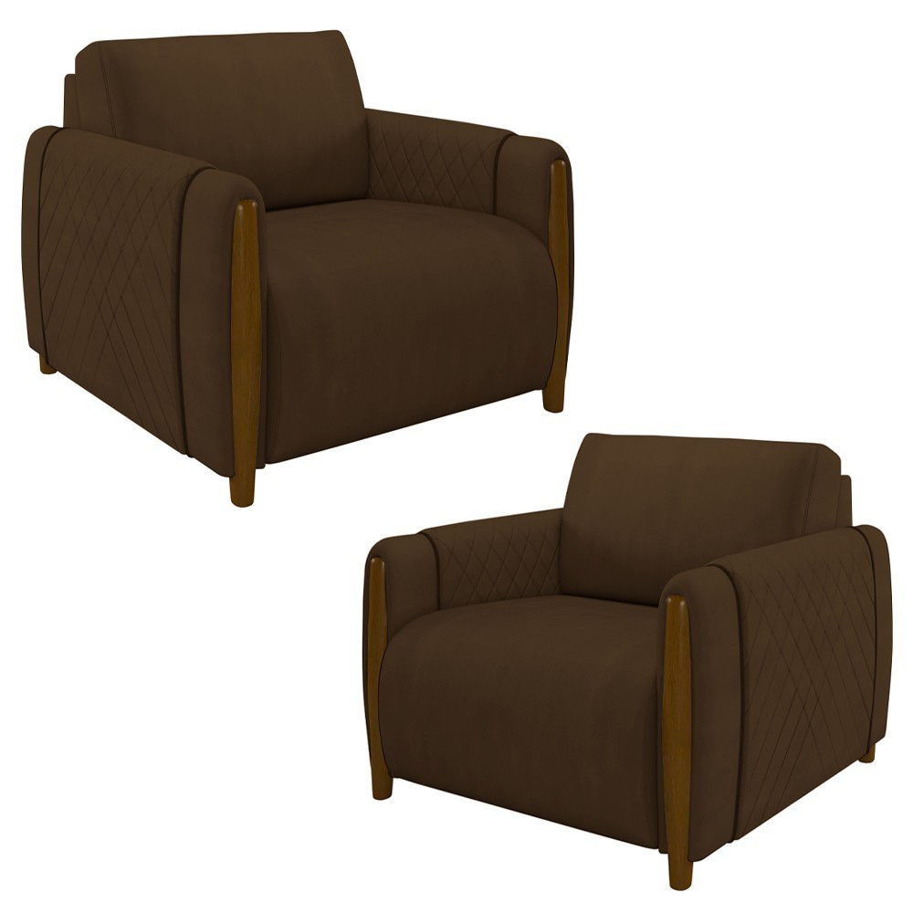Kit 2 Poltronas Decorativas para Sala de Estar 98cm Amaranto M22 Veludo Marrom - Mpozenato
