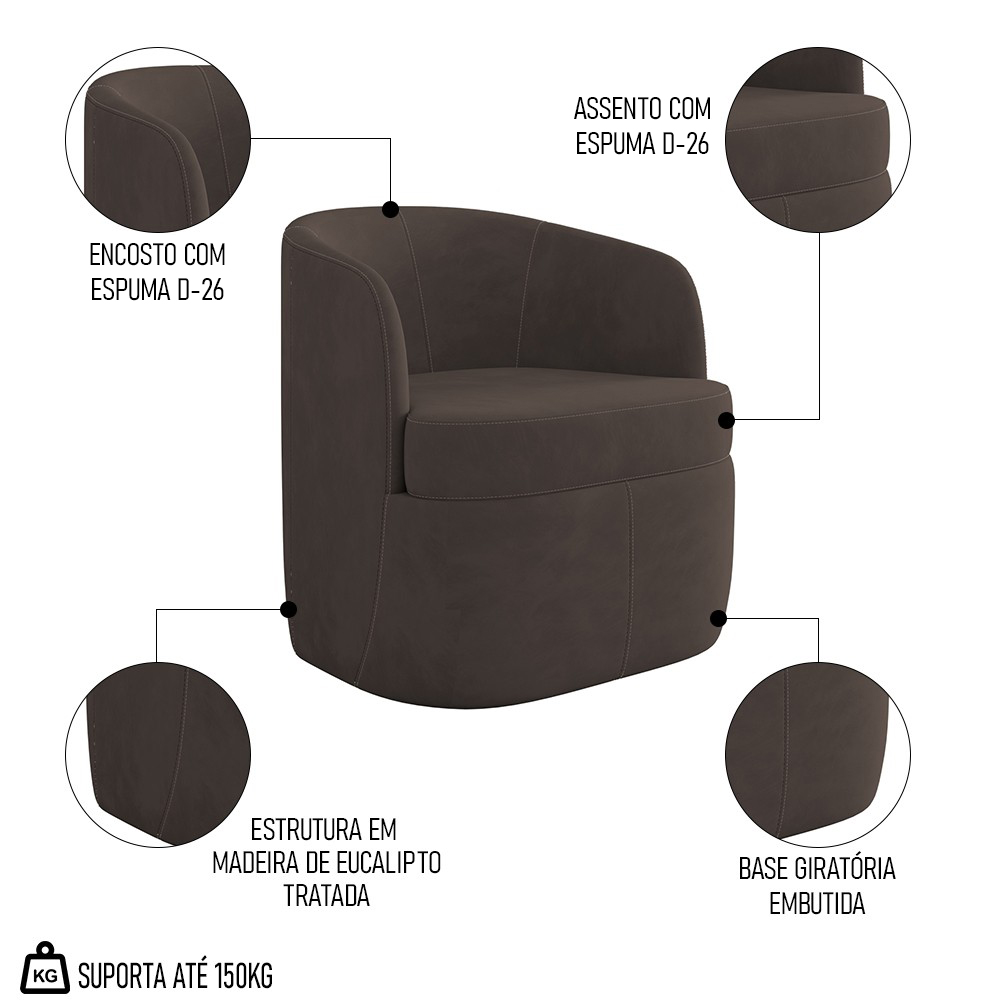 Kit 2 Poltronas Giratória Decorativa para Sala Dandara Z08 Veludo Marrom - Mpozenato