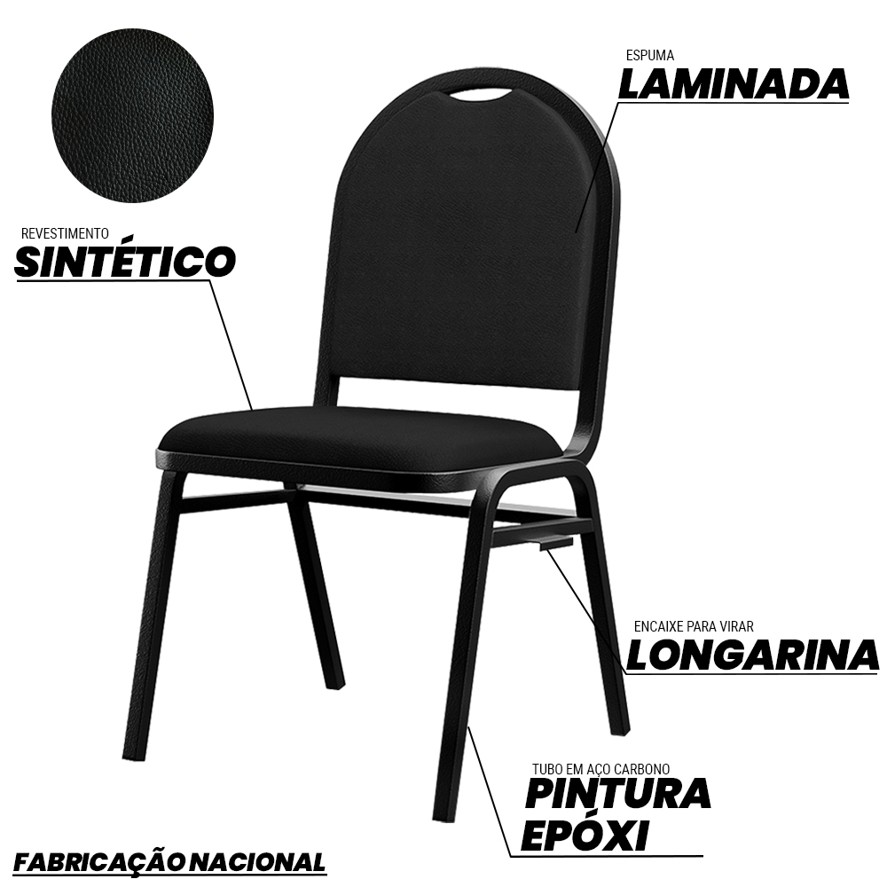 Kit 3 Cadeiras Hoteleiras Auditório Empilhável Sintético M23 Preto - Mpozenato