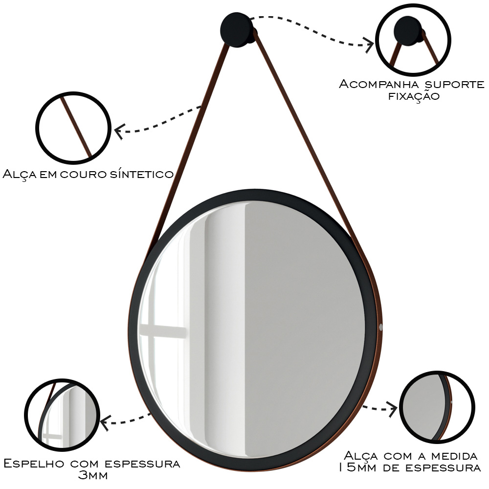 Kit 3 Espelhos Decorativos Redondos 54cm Com Alça Adnet Escandinavo H01 Preto - Mpozenato