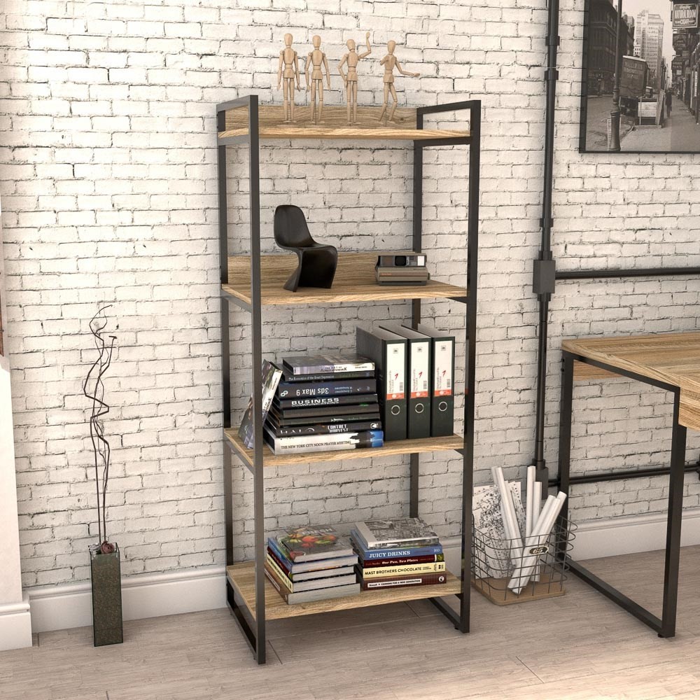 Kit 3 Estante Livreiro Multiuso Prisma Estilo Industrial 60cm 4 Prateleiras C08 Carvalho - Mpozenato