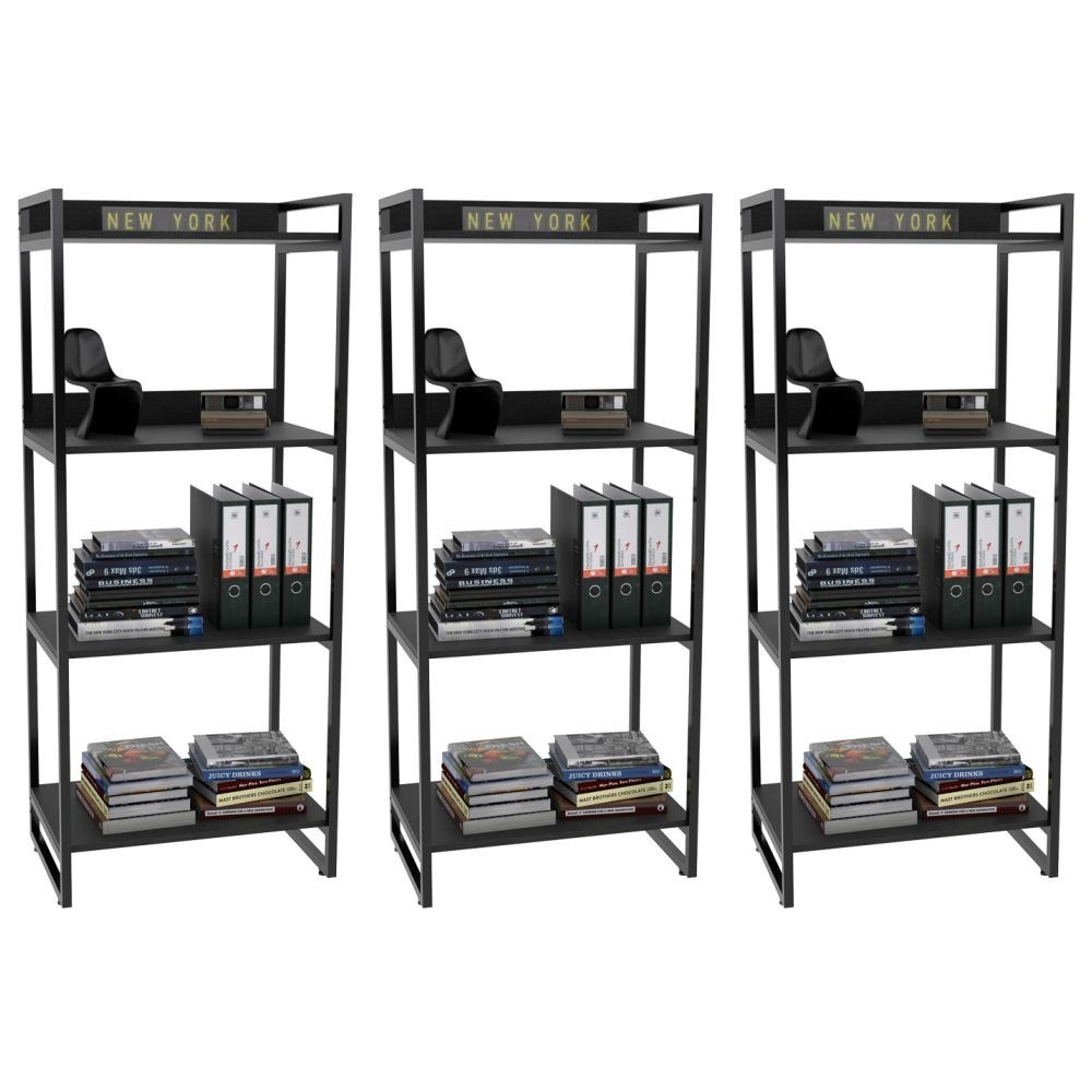 Kit 3 Estante Livreiro Prisma Estilo Industrial 60cm 4 Prateleiras C08 Preto Onix - Mpozenato