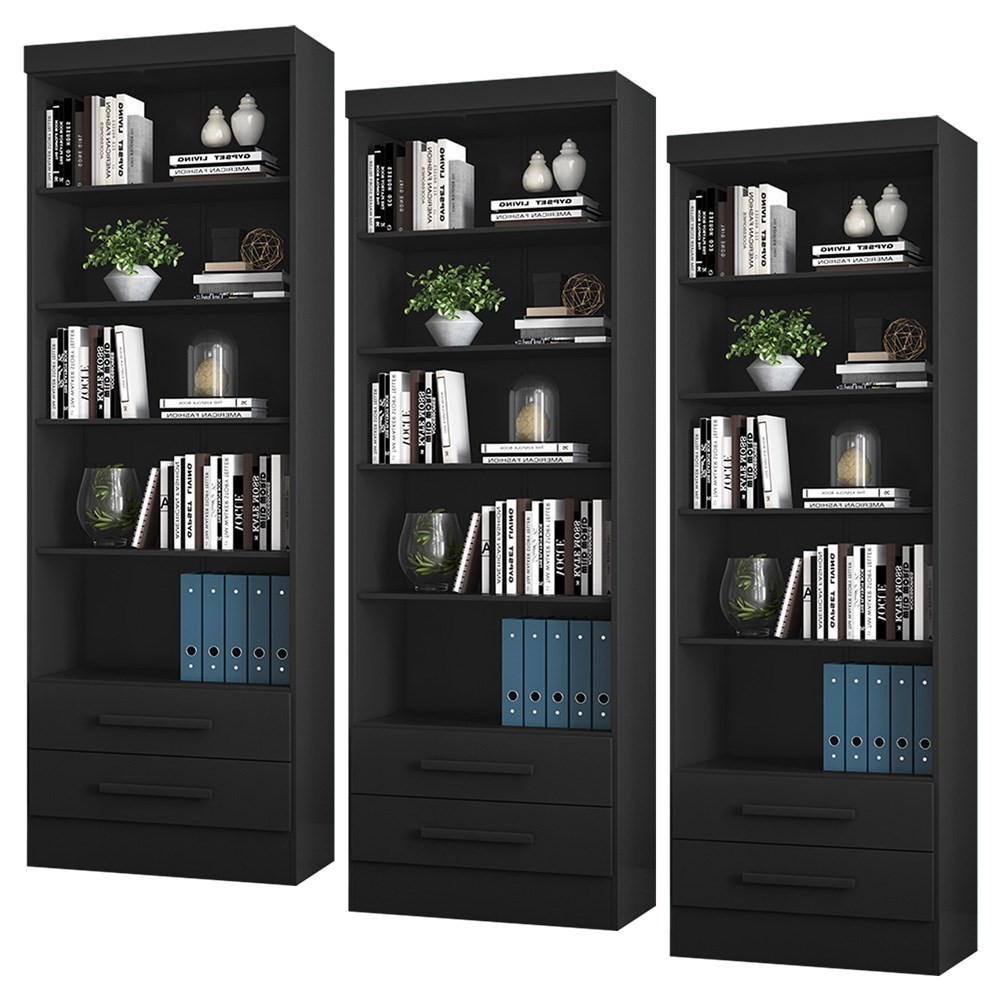 Kit 3 Estantes Livreiro Multiuso 2 Gavetas e 5 Prateleiras Fancy Q01 Preto Fosco - Mpozenato