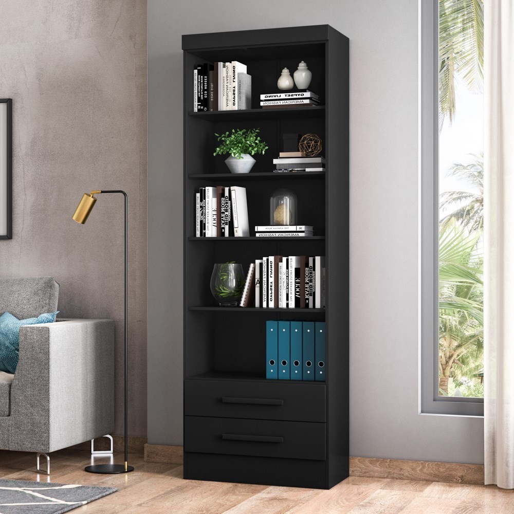 Kit 3 Estantes Livreiro Multiuso 2 Gavetas e 5 Prateleiras Fancy Q01 Preto Fosco - Mpozenato