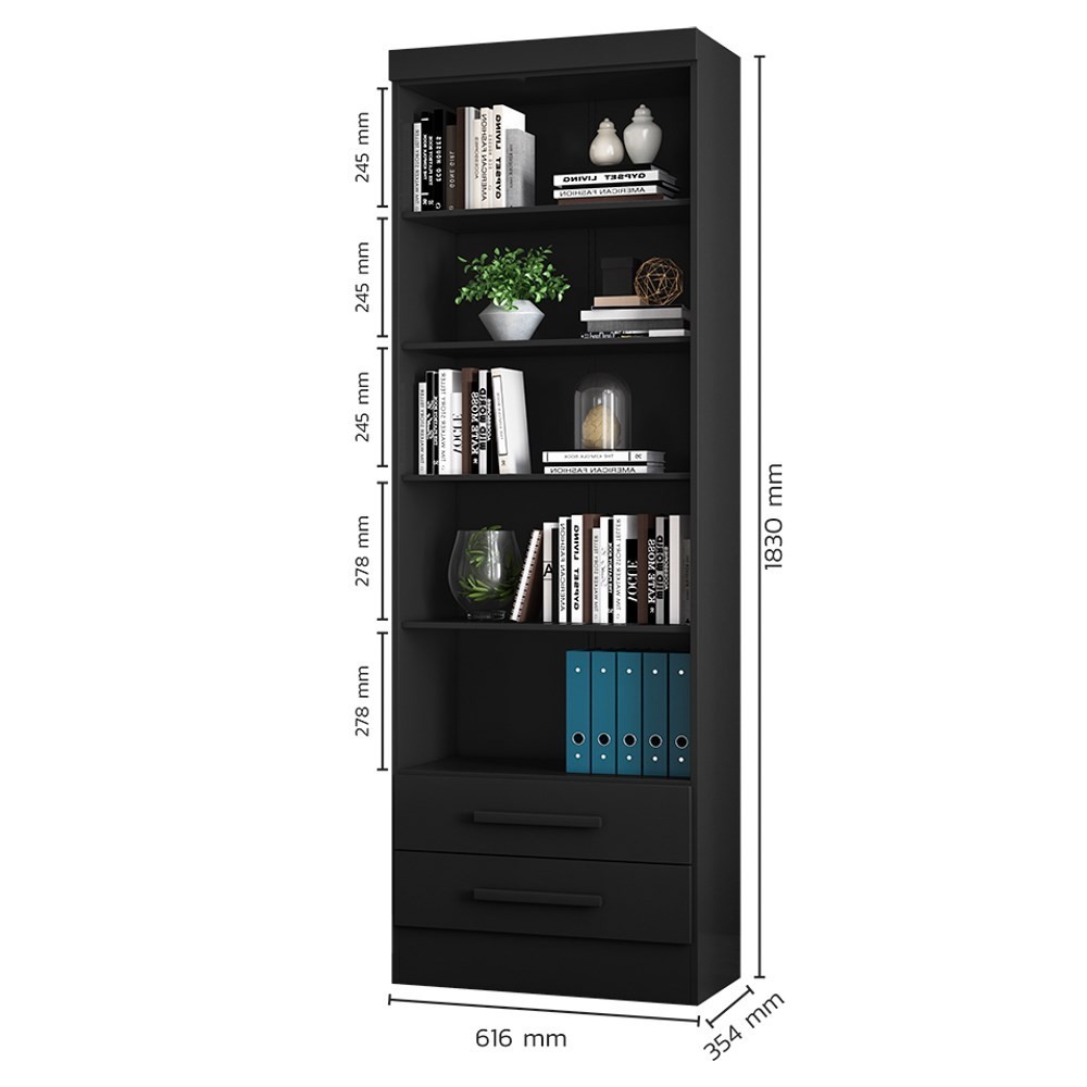 Kit 3 Estantes Livreiro Multiuso 2 Gavetas e 5 Prateleiras Fancy Q01 Preto Fosco - Mpozenato