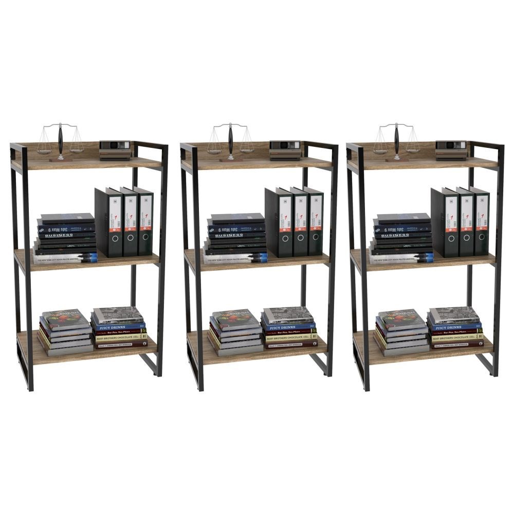 Kit 3 Estantes Livreiro Multiuso Prisma Estilo Industrial 60cm 3 Prateleiras C08 Carvalho - Mpozenato