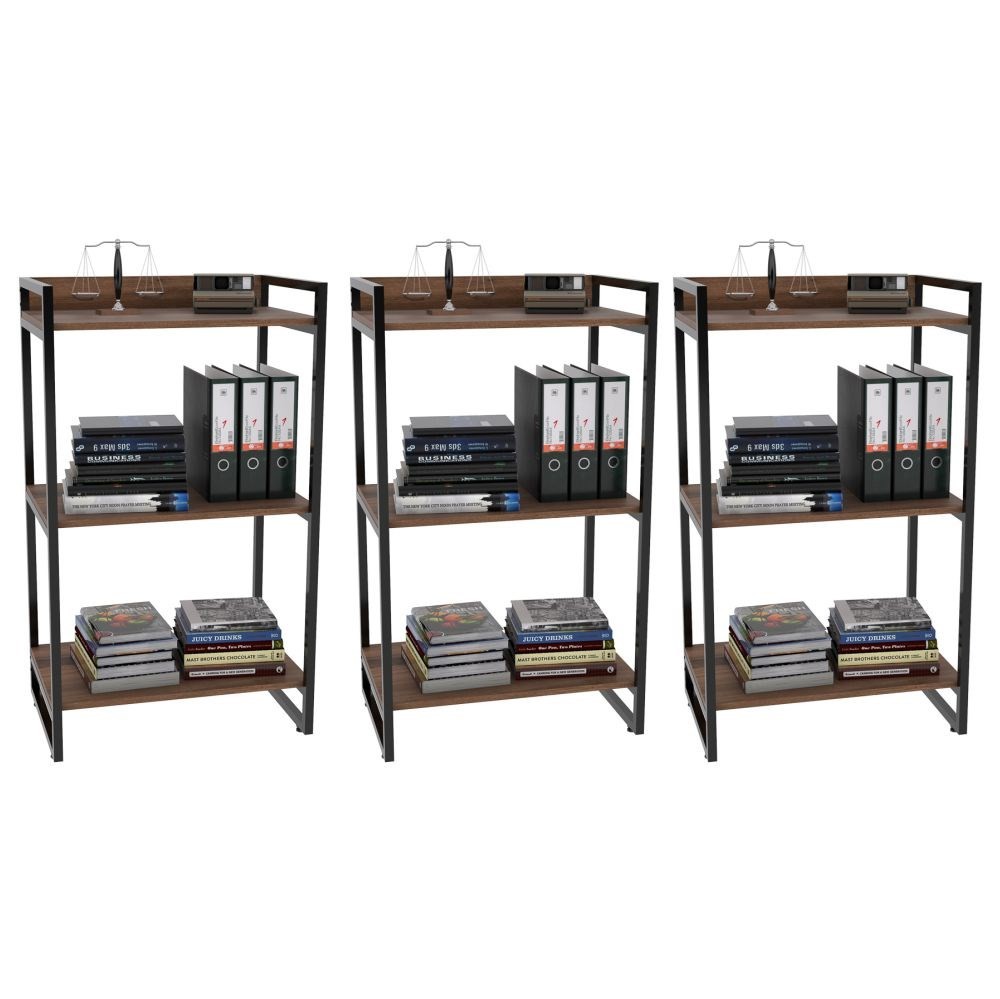 Kit 3 Estantes Livreiro Multiuso Prisma Estilo Industrial 60cm 3 Prateleiras C08 Nogal - Mpozenato