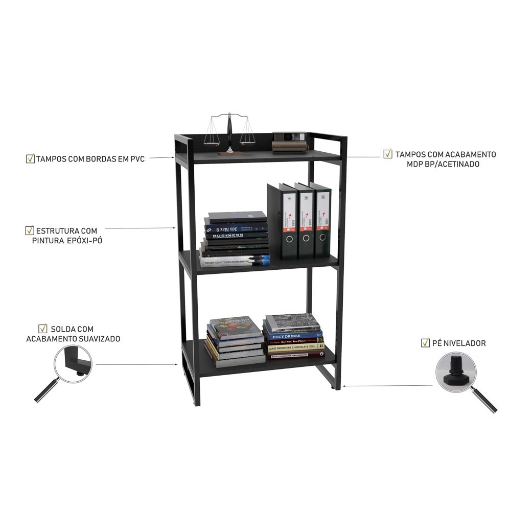 Kit 3 Estantes Livreiro Multiuso Prisma Estilo Industrial 60cm 3 Prateleiras C08 Preto Onix - Mpozenato
