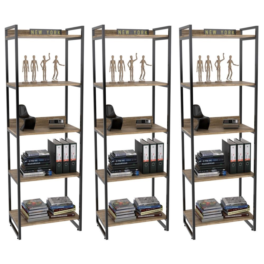 Kit 3 Estantes Livreiro Multiuso Prisma Estilo Industrial 60cm 5 Prateleiras C08 Carvalho - Mpozenato