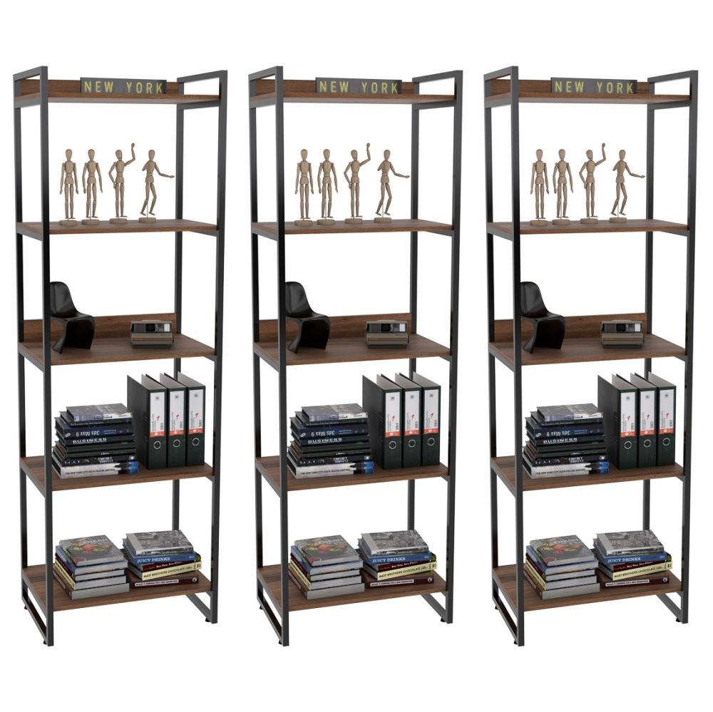 Kit 3 Estantes Livreiro Multiuso Prisma Estilo Industrial 60cm 5 Prateleiras C08 Nogal - Mpozenato