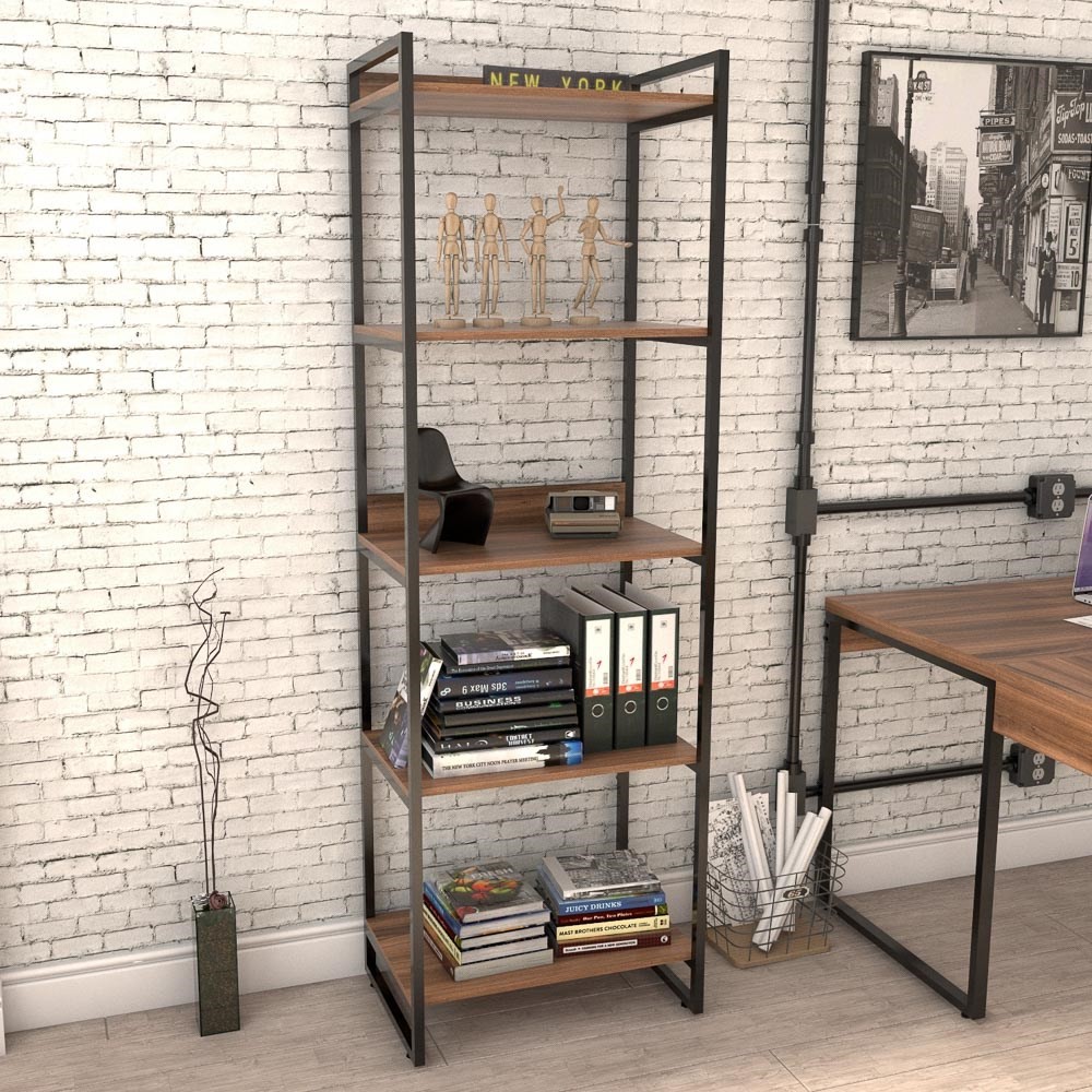 Kit 3 Estantes Livreiro Multiuso Prisma Estilo Industrial 60cm 5 Prateleiras C08 Nogal - Mpozenato