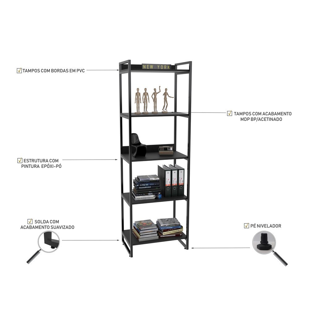 Kit 3 Estantes Livreiro Multiuso Prisma Estilo Industrial 60cm 5 Prateleiras C08 Preto Onix - Mpozenato