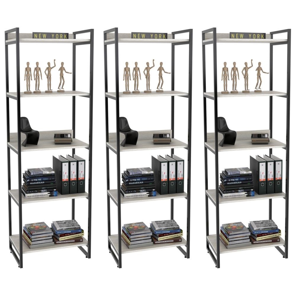 Kit 3 Estantes Livreiro Multiuso Prisma Estilo Industrial 60cm 5 Prateleiras C08 Snow - Mpozenato
