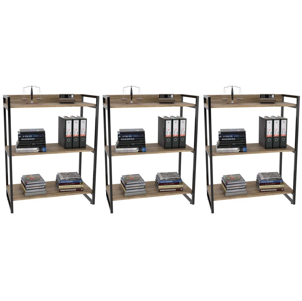 Kit 3 Estantes Livreiro Multiuso Prisma Estilo Industrial 80cm 3 Prateleiras C08 Carvalho - Mpozenato