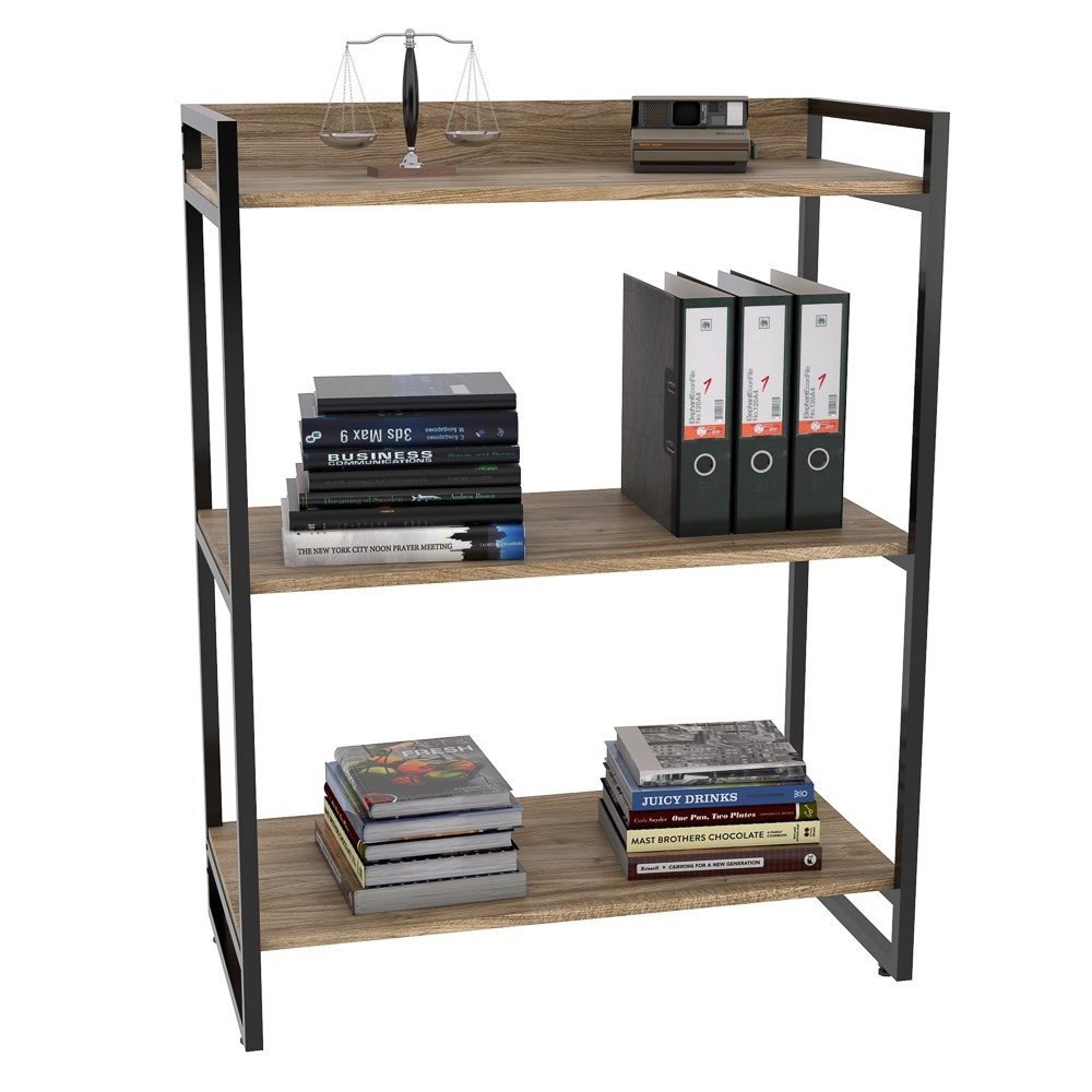Kit 3 Estantes Livreiro Multiuso Prisma Estilo Industrial 80cm 3 Prateleiras C08 Carvalho - Mpozenato