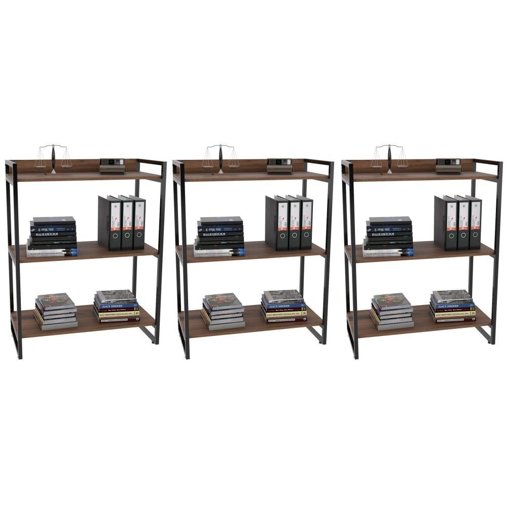 Kit 3 Estantes Livreiro Multiuso Prisma Estilo Industrial 80cm 3 Prateleiras C08 Nogal - Mpozenato