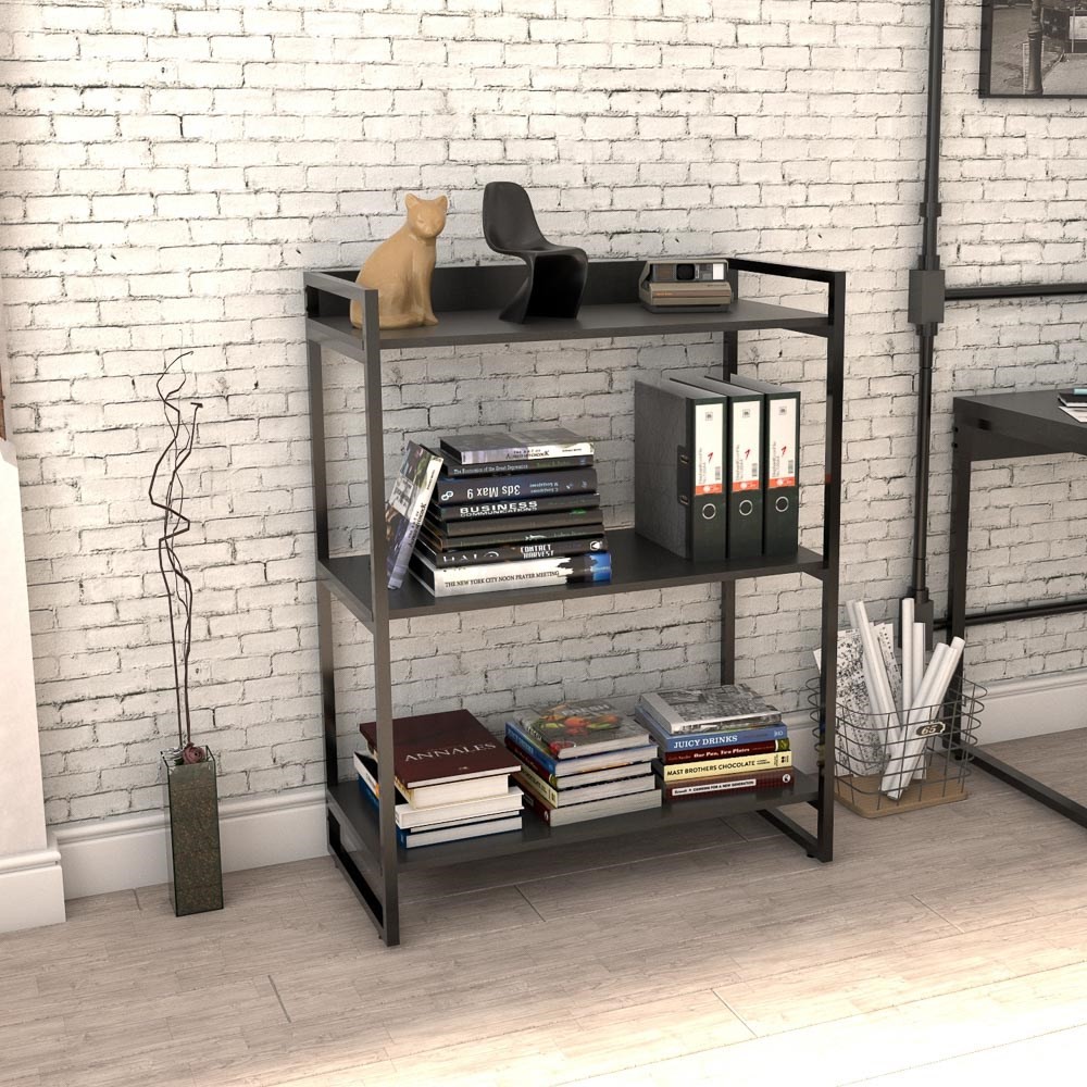 Kit 3 Estantes Livreiro Multiuso Prisma Estilo Industrial 80cm 3 Prateleiras C08 Preto Onix - Mpozenato