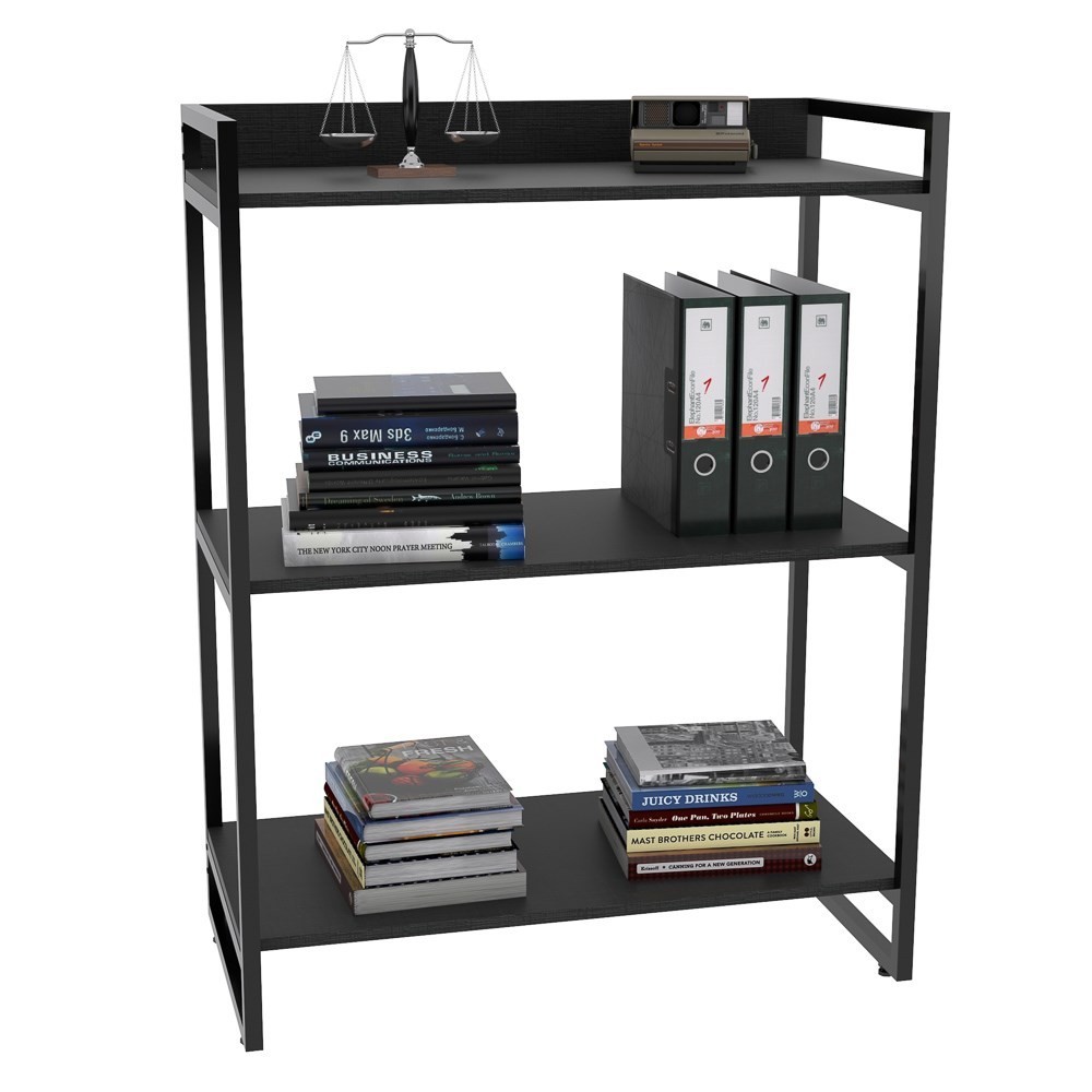 Kit 3 Estantes Livreiro Multiuso Prisma Estilo Industrial 80cm 3 Prateleiras C08 Preto Onix - Mpozenato