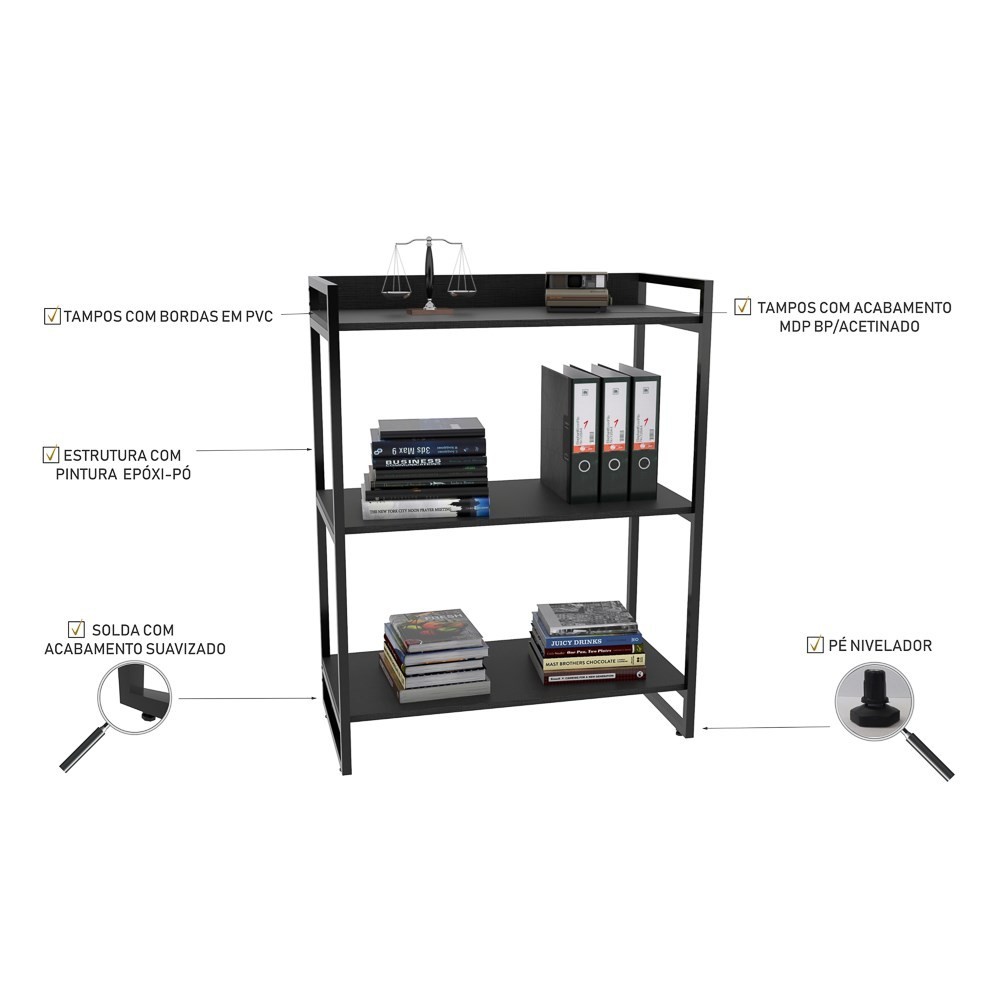 Kit 3 Estantes Livreiro Multiuso Prisma Estilo Industrial 80cm 3 Prateleiras C08 Preto Onix - Mpozenato