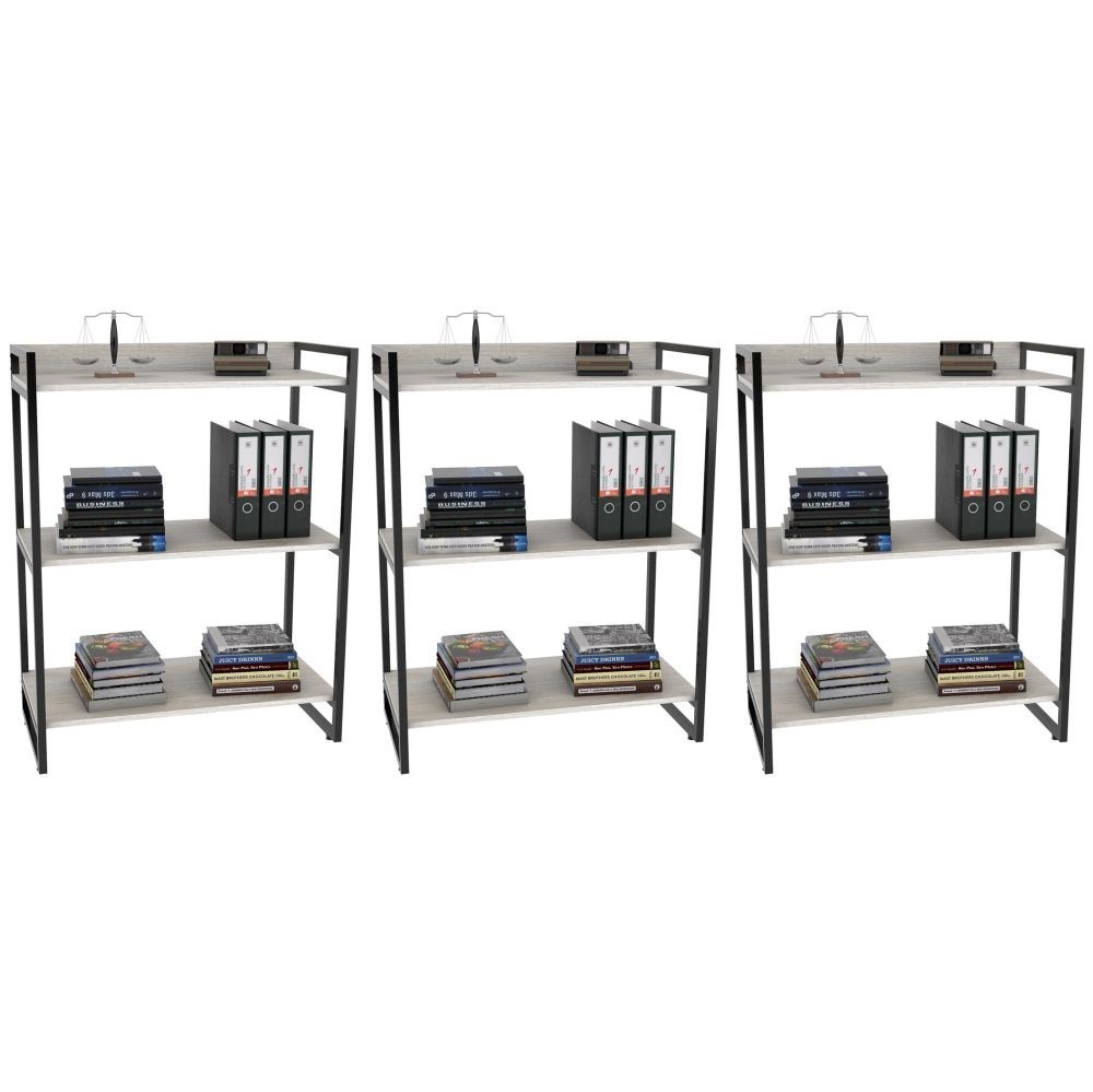 Kit 3 Estantes Livreiro Multiuso Prisma Estilo Industrial 80cm 3 Prateleiras C08 Snow - Mpozenato