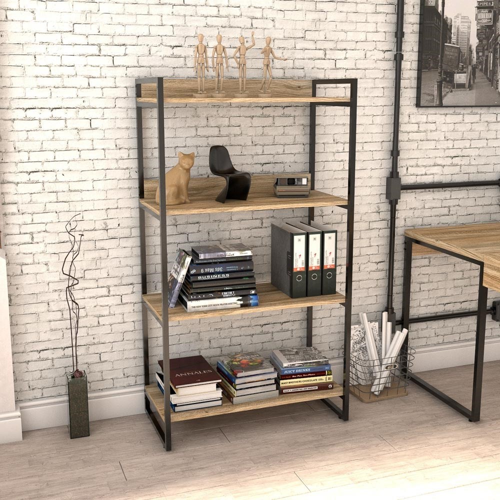 Kit 3 Estantes Livreiro Multiuso Prisma Estilo Industrial 80cm 4 Prateleiras C08 Carvalho - Mpozenato