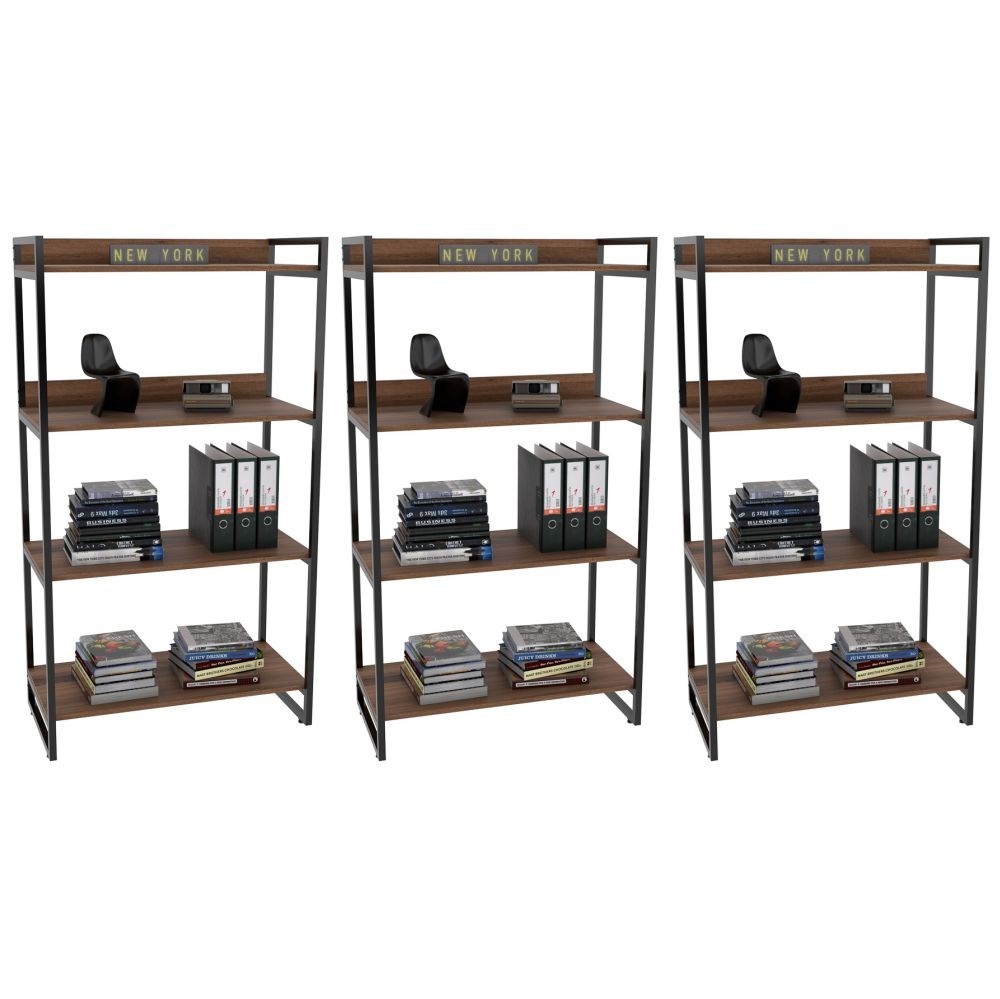 Kit 3 Estantes Livreiro Multiuso Prisma Estilo Industrial 80cm 4 Prateleiras C08 Nogal - Mpozenato