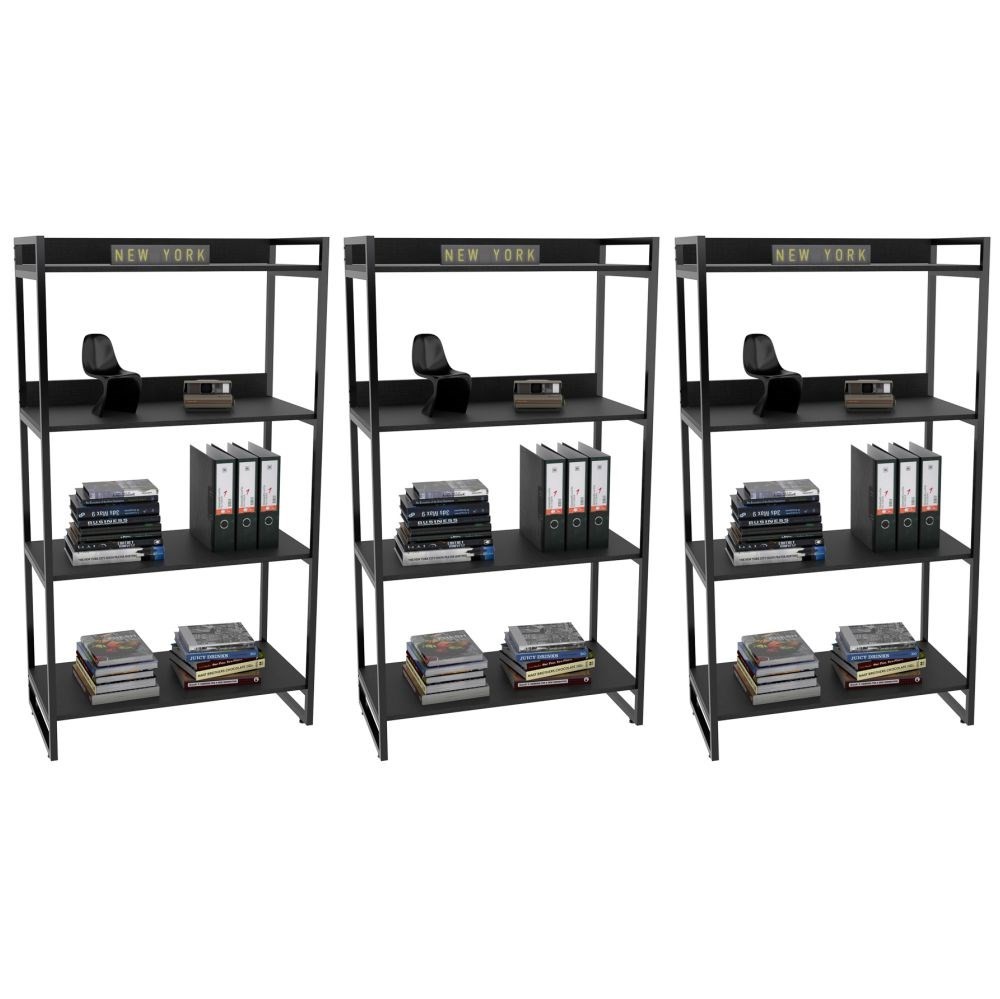 Kit 3 Estantes Livreiro Multiuso Prisma Estilo Industrial 80cm 4 Prateleiras C08 Preto Onix - Mpozenato