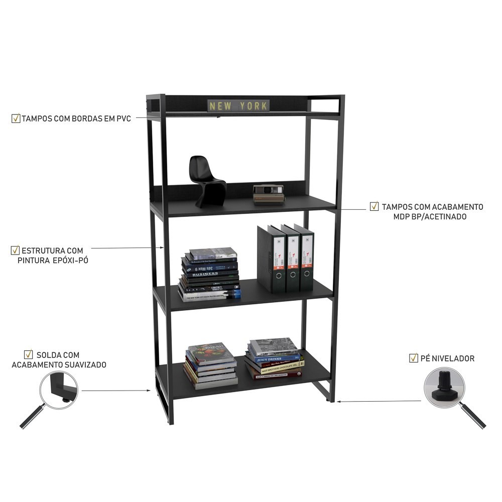 Kit 3 Estantes Livreiro Multiuso Prisma Estilo Industrial 80cm 4 Prateleiras C08 Preto Onix - Mpozenato