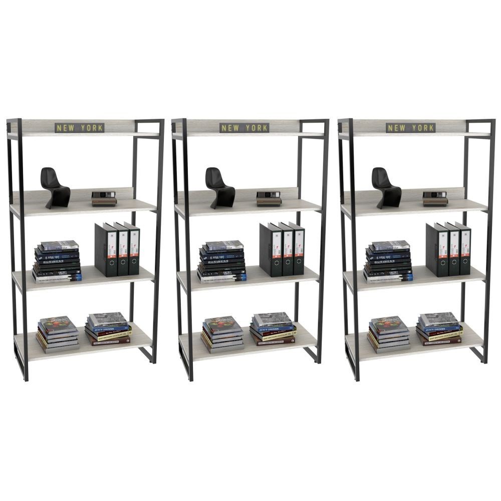 Kit 3 Estantes Livreiro Multiuso Prisma Estilo Industrial 80cm 4 Prateleiras C08 Snow - Mpozenato