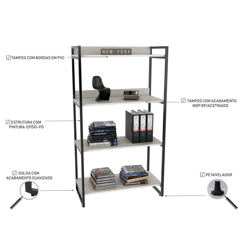 Kit 3 Estantes Livreiro Multiuso Prisma Estilo Industrial 80cm 4 Prateleiras C08 Snow - Mpozenato