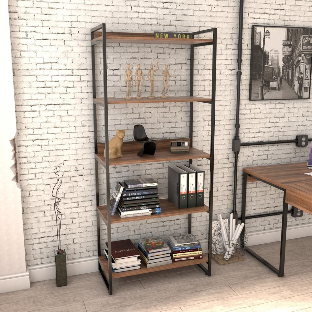 Kit 3 Estantes Livreiro Multiuso Prisma Estilo Industrial 80cm 5 Prateleiras C08 Nogal - Mpozenato