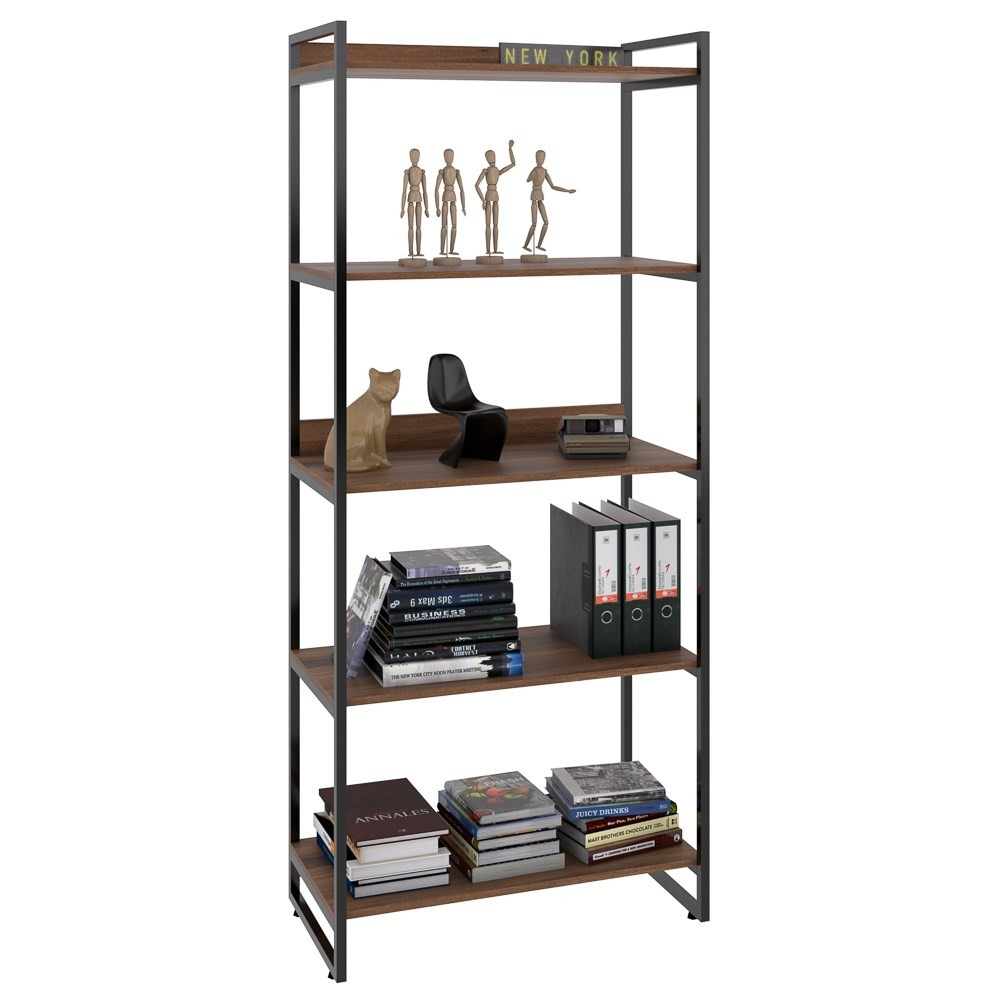 Kit 3 Estantes Livreiro Multiuso Prisma Estilo Industrial 80cm 5 Prateleiras C08 Nogal - Mpozenato