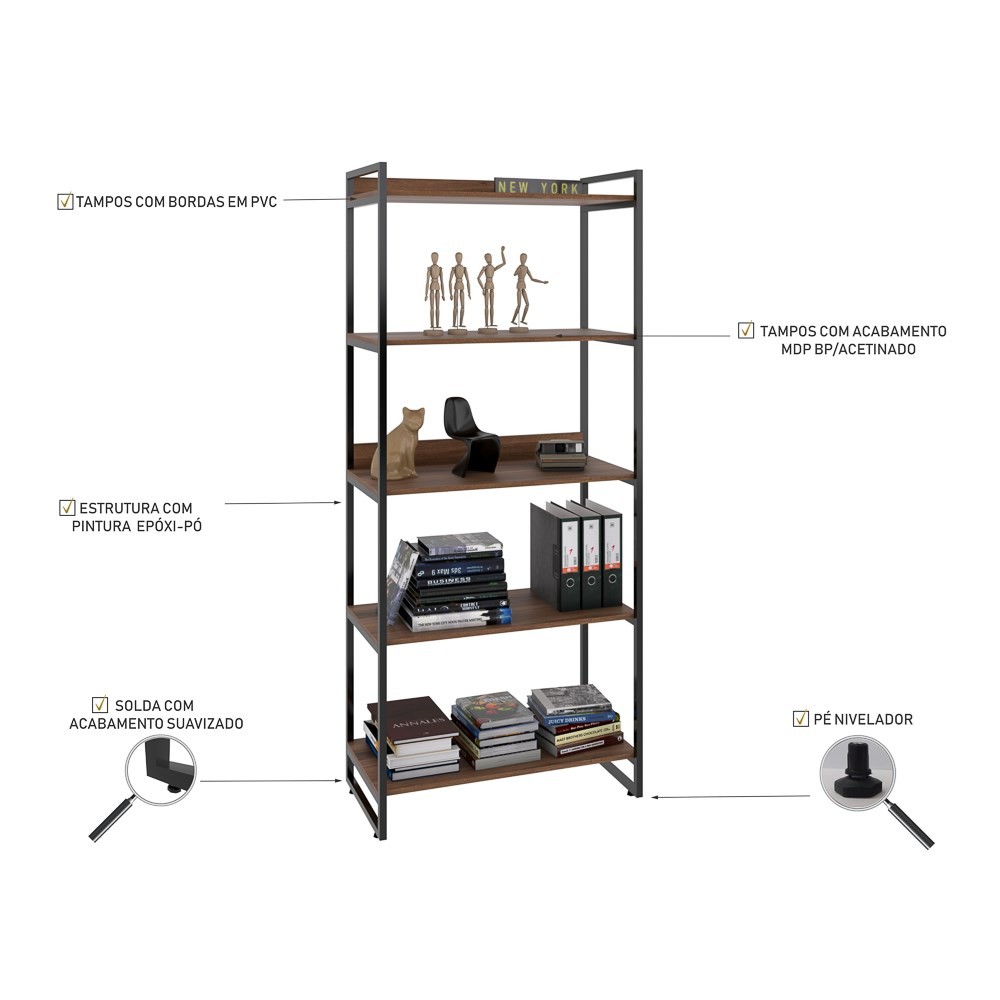 Kit 3 Estantes Livreiro Multiuso Prisma Estilo Industrial 80cm 5 Prateleiras C08 Nogal - Mpozenato