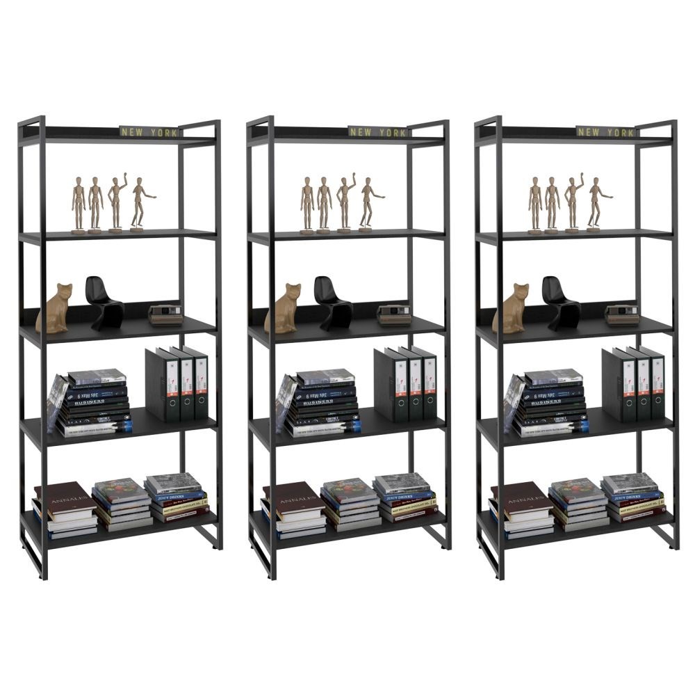 Kit 3 Estantes Livreiro Multiuso Prisma Estilo Industrial 80cm 5 Prateleiras C08 Preto Onix - Mpozenato