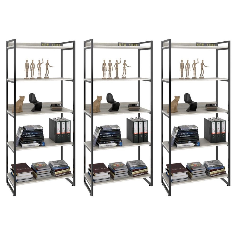 Kit 3 Estantes Livreiro Multiuso Prisma Estilo Industrial 80cm 5 Prateleiras C08 Snow - Mpozenato