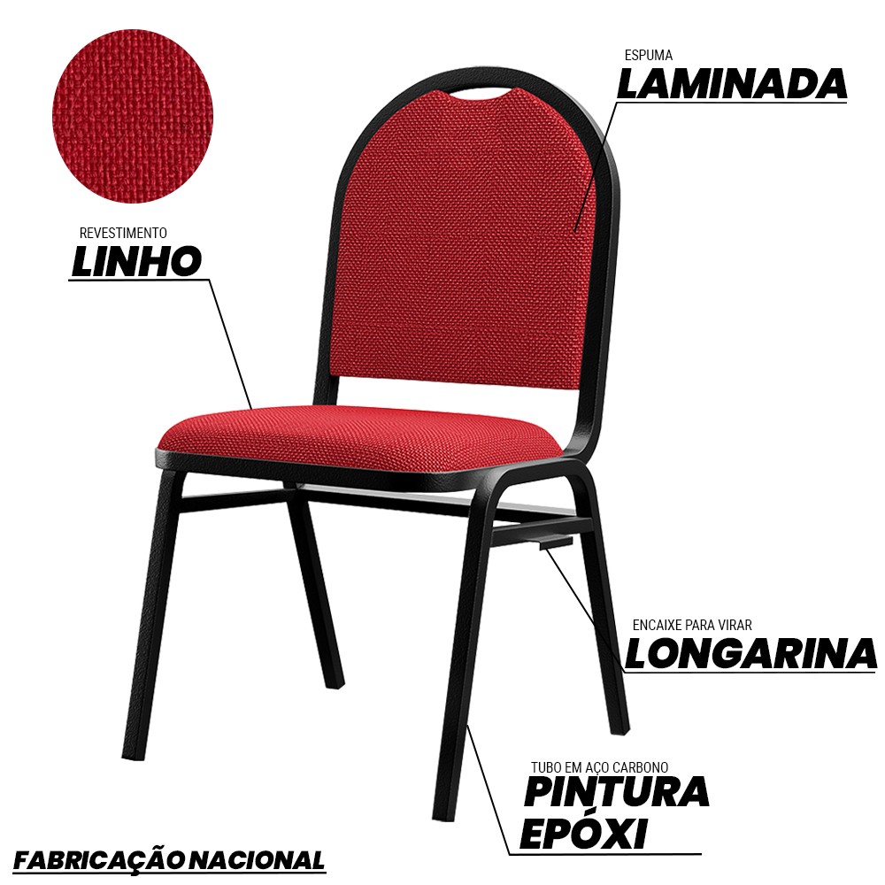 Kit 6 Cadeiras Hoteleiras Auditório Empilhável Linho M23 Vermelho - Mpozenato