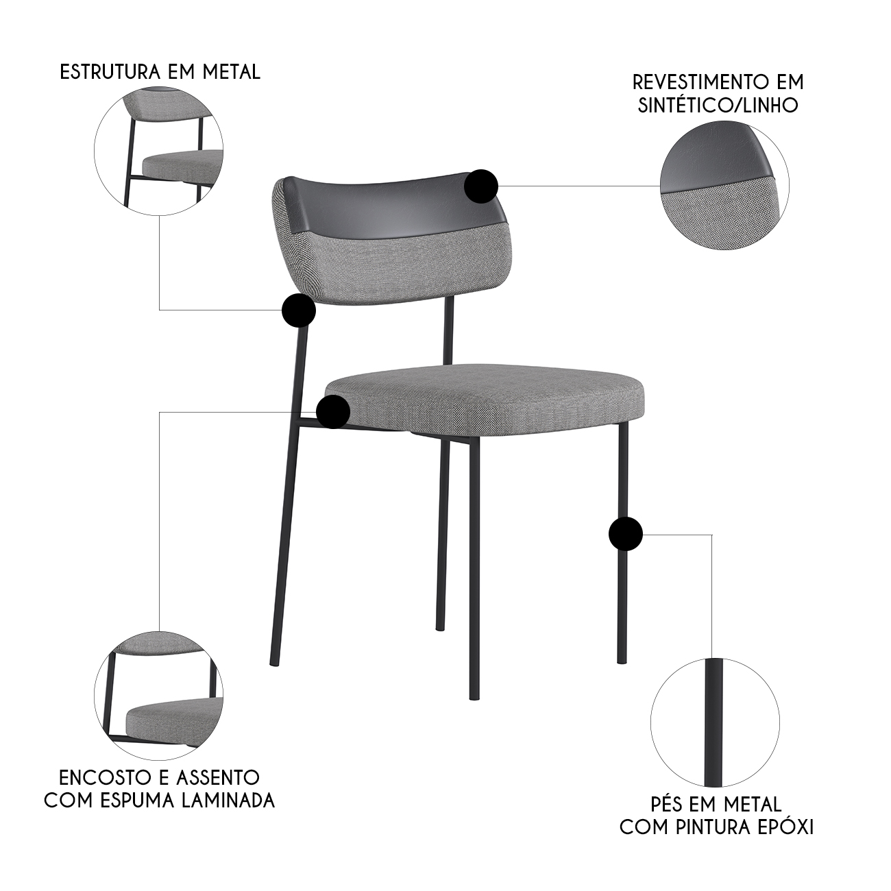 Kit 8 Cadeiras Estofadas Milli Sintético/Linho A14 Preto/Cinza - Mpozenato