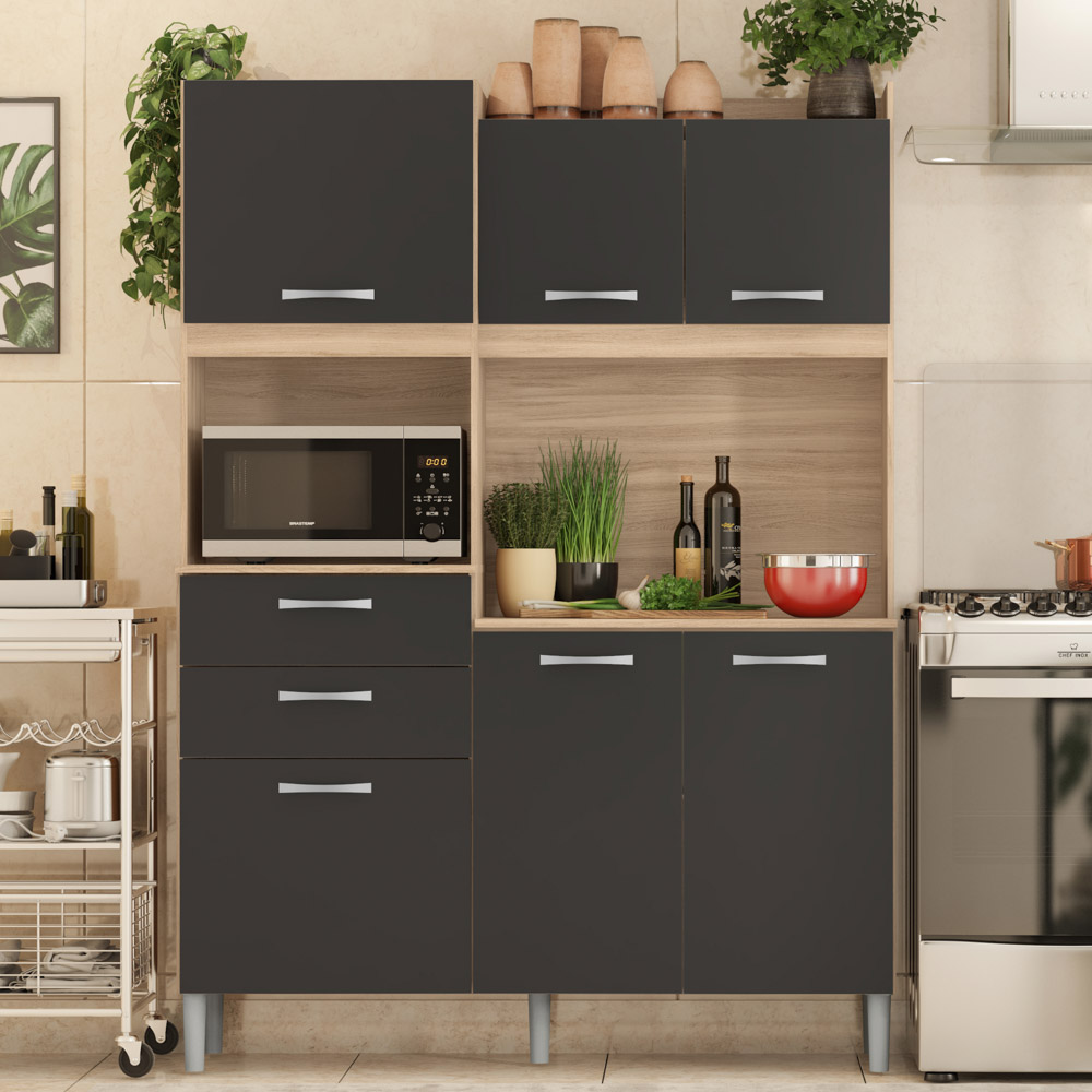 Kit Cozinha Compacta 6 Portas 2 Gavetas Harmonia D02 Avena/Grafito - Mpozenato
