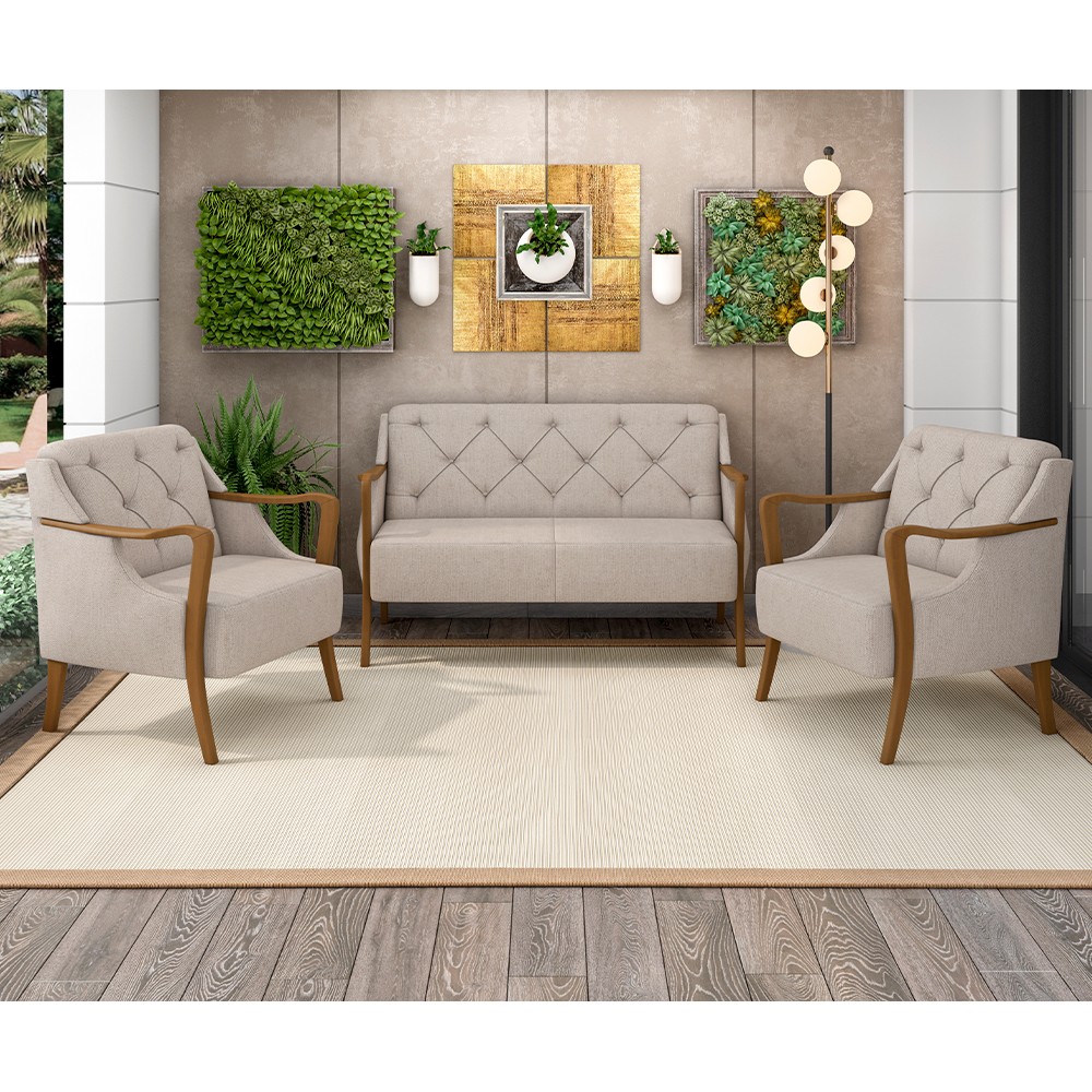 Kit Namoradeira 135cm e 2 Poltronas Decorativas Capitonê Lapa M22 Linho Cinza - Mpozenato
