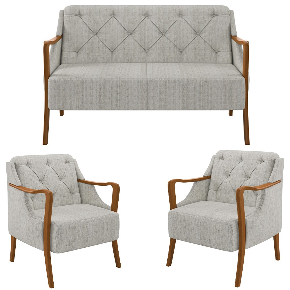 Kit Namoradeira 135cm e 2 Poltronas Decorativas Capitonê Lapa M22 Linho Cru - Mpozenato