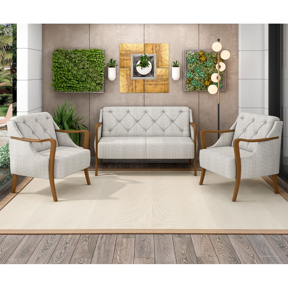 Kit Namoradeira 135cm e 2 Poltronas Decorativas Capitonê Lapa M22 Linho Cru - Mpozenato