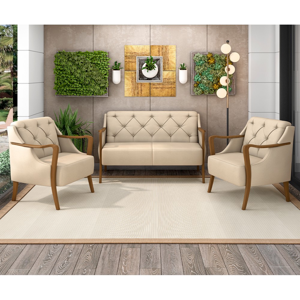 Kit Namoradeira 135cm e 2 Poltronas Decorativas Capitonê Lapa M22 PU Bege - Mpozenato